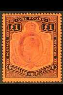 1908-11  £1 Purple And Black On Red, SG 81, Fine Mint. For More Images, Please Visit Http://www.sandafayre.com/itemdetai - Nyasaland (1907-1953)