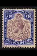 1913-21  KGV £10 Purple And Royal Blue, SG 99e, Fine Fiscally Used. For More Images, Please Visit Http://www.sandafayre. - Nyasaland (1907-1953)
