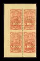 REVENUES  1884-85 1000s Carmine BLOCK OF 4 IMPERF HORIZONTALLY, Never Hinged Mint, Attractive & Very Rare. (4 Stamps) Fo - Perù