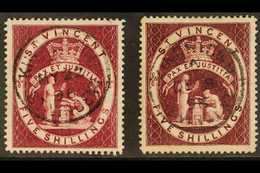 1885-93  (wmk Crown CA) 5s Both Shades, SG 53 & SG 53b, Very Fine Cds Used. (2 Stamps) For More Images, Please Visit Htt - St.Vincent (...-1979)