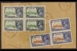 1935 SILVER JUBILEE VARIETY  A Large Piece Bearing A Block Of 4 X 5d Green & Indigo (SG 183) & A Joined Trio Of 3d Brown - Sierra Leona (...-1960)