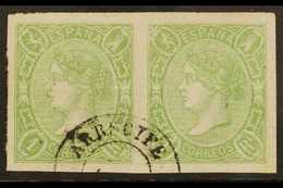 1865  2r Yellow- Green Imperf, SG 84 (Edifil 72) PAIR USED AT THE CANARY IS. With A Single Choice "Arrecife" Cds. A Beau - Andere & Zonder Classificatie