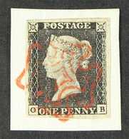 1840  1d Black 'OB' Plate 4, SG 2, 4 Large Margins, On Piece Tied By Fine Red MC Cancellation, Faint Vertical Crease. Fo - Non Classés