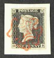 1840  1d Black 'OB' Plate 4, SG 2, 4 Large Margins, On Piece Tied By Fine Red MC Cancellation, Faint Vertical Crease. Fo - Unclassified