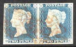 1840  2d Blue, Plate I, SG 5 (Spec. DS5), Horizontal Pair "DB-DC", Fine With Four Good Margins All Round, And Light Red  - Andere & Zonder Classificatie