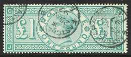 1891  £1 Green, Position "JC" But With Frame Unbroken (plate 3), SG 212, Spec. K17aa, With Neat 1897 East Cheap R.O. Cds - Autres & Non Classés