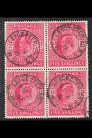 1902-10  5s Deep Bright Carmine KEVII De La Rue Printing, SG 264, Fine Cds Used BLOCK Of 4 Each Stamp Cancelled By "Leic - Unclassified