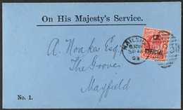 1903  (16 Sept) printed OHMS (No. 1) Envelope Addressed To Mayfield, Bearing 1902-04 1d Scarlet Overprinted "I.R. OFFICI - Zonder Classificatie