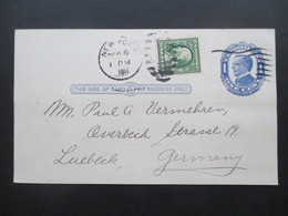 USA 1911 Ganzsache Mit Zusatzfrankatur NY - Lübeck Bedruckte Karte New Yorker Staats-Zeitung Quittung über 5 Dollar - Covers & Documents