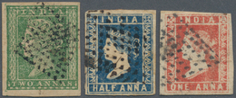 Indien: 1854/1855, Lithographed Issue, ½a. Blue, 1a. Red And 2a. Green, Three Used Stamps. - 1854 East India Company Administration