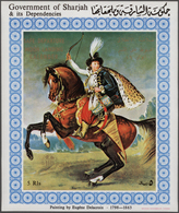 Schardscha / Sharjah: 1972, 5 R. Painting By E. Delacroix: Rider On Horse, Souvenir Sheet With GOLDE - Schardscha