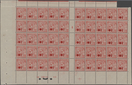 Monaco: 1914, Red Cross Overprint, +5c. On 10c. Rose, Two Gutter Panes Of 50 Stamps (folded/partly S - Ongebruikt