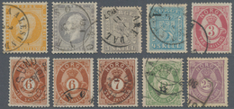 Norwegen: 1856/1890, Lot Of Ten Used Stamps, E.g. 1856 Oskar 2sk. Yellow And 3sk. Grey,1867 Lion 3sk - Gebraucht