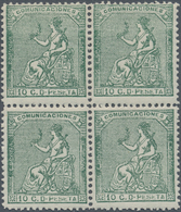 Spanien: 1873, Sitting Hispania 10c. Dark-green In A Lot With Approx. 500 Stamps In Blocks Of Four ( - Briefe U. Dokumente