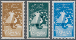 Spanien: 1955, 100 Years Spanish Telegraphy Complete Set Of Three In A Lot With About 155 Sets Incl. - Lettres & Documents