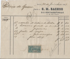 MACAU 1927 INVOICE TO THE GOVERNOR HEAD OFFICE WITH 5 AVOS TAX STAMP. - Cartas & Documentos