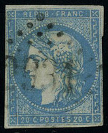 Oblitéré N° 44A, 20c Bleu Type I Report I, Léger Aminci Aspect T.B. - Andere & Zonder Classificatie