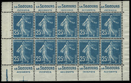 Neuf Sans Charnière N° 140f, 25c Bleu Semeuse Type II, Bloc De 10ex (moitié Droite D'intérieur De Carnet) Pub Secours, 1 - Otros & Sin Clasificación