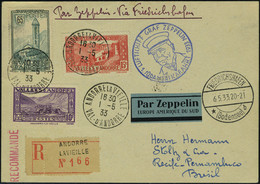 Lettre Zeppelin 1 SAF 1933 CP Recommandée Cd Andorre La Vieille 1.5.33, Cachet Bleu, Càd De Transit Friedrichshafen 6.5. - Sonstige & Ohne Zuordnung