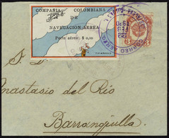 Lettre N° 2A, 10c Vignette Multicolore Sur Fragment De Lettre Obl Cartagena 22 Fev 1920 1er Jour, Arrivée à Barranquilla - Andere & Zonder Classificatie