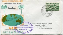 COCOS ISLANDS ENVELOPPE 1er JOUR PAR AVION QANTAS...AVEC CACHET "AUSTRALIAN FIRST ISSUE COCOS.." DEPART COCOS..11 JE 63 - Cocos (Keeling) Islands