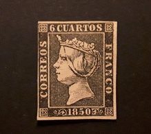 ESPANA ESPAGNE SPAIN,  1850, Isabela II, Yvert No 1 A, Type 1, 6 C Noir PAPIER EPAIS, Neuf (*) MNG, TB - Proofs & Reprints