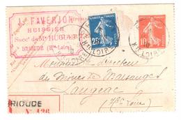 BRIOUDE Haute Loire Entier Carte Lettre Recommandé 10c Semeuse 25c Bleu Yv 138-CL1 140 Ob 1910 Huissier FAVERJON Langeac - Tarjetas Cartas