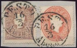 1858/1861 10kr (1958) + 5kr (1861) Vegyes Bérmentesítés Levéldarabon 'PESTH / Abends' (10.000) - Sonstige & Ohne Zuordnung