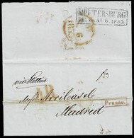 1853. SAN PETERSBURGO A MADRID. MARCA PRUSSE. RECUADRADA ROJO. PORTEO 4 REALES. MNS. FRANCIA VIA STETTIN. MUY BONITA. - ...-1857 Vorphilatelie