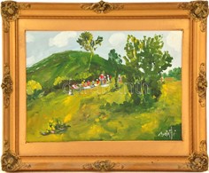 Bánfi Jelzéssel: Piknik. Tempera, Karton, Keretben, 23×32 Cm - Other & Unclassified