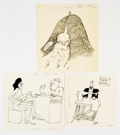 Dunai Imre  (1939-2004): 3 Db Karikatúra, Tus, Papír, 2 Db Jelzett, 17,5×17,5 Cm-23×20 Cm - Otros & Sin Clasificación