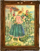 Undi Mariska (1877-1959): Lány A Kerítésnél. Akvarell, Papír, Jelzett, üvegezett Hibás Keretben, 37×26 Cm - Otros & Sin Clasificación