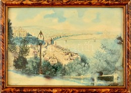 Olvashatatlan Jelzéssel: Budapesti Panoráma. Akvarell, Papír, Foltos, üvegezett Keretben, 16,5×25 Cm - Otros & Sin Clasificación