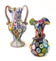 Millefiori üveg Váza, 2 Db, Kis Csorbákkal, M: 8 és 10 Cm - Glass & Crystal