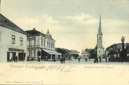 T3 1907 Érsekújvár, Nové Zámky; Kossuth Lajos Tér, Templom, Nemzeti Szálloda, Leuchter Izidor üzlete, Szentháromság Szob - Sonstige & Ohne Zuordnung
