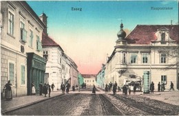 T2/T3 1913 Eszék, Essegg, Osijek; Hauptstrasse / Fő Utca, üzletek / Main Street, Shops + 'BROD - SZEGED 29' Vasúti Mozgó - Sonstige & Ohne Zuordnung