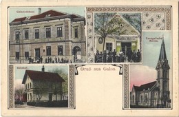 T2 1911 Gálos, Gols; Gemeindehaus, Spezerei-Handlung M. Wendelin, Evangelische Kirche, Bahnhof / Községháza, Pályaudvar, - Ohne Zuordnung