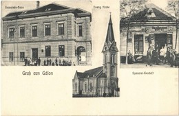 ** T2/T3 Gálos, Gols; Gemeindehaus, Evang. Kirche, Spezerei-Geschäft / Községháza, Evangélikus Templom, Gsellmann Mátyás - Ohne Zuordnung