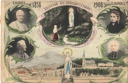 T2/T3 1858-1908 Lourdes, Souvenir Di Cinquanteniare / Fiftieth Anniversary, Art Nouveau Montage, Pie IX, M. Schepfer, M. - Sonstige & Ohne Zuordnung