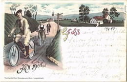 * T3 1897 (Vorläufer!) Gruss... All Heil! Kunstanstalt Karl Schwidernoch / Bicycle Trip. Litho  (Rb) - Sin Clasificación