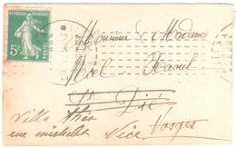 PARIS XX Rue Pyrénées Mignonette Carte De Visite 5c Semeuse Vert Yv 137 Ob Meca CHAMBON 6 1 1914 Dest St Dié Réexp Nice - Maschinenstempel (Sonstige)