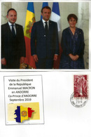 Visite Du President Macron,Co-Prince D'Andorre, Septembre 2019.,au Dos General De Gaulle, Co-Prince, Avec Cachet Andorre - Lettres & Documents
