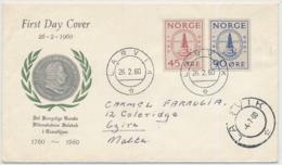 Michel 440-441 Auf FDC Gelaufen Larvik - Gzira (Malta) - AK Stempel Valetta - Briefe U. Dokumente