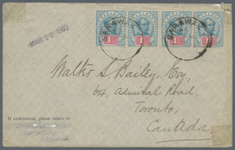 Malaiische Staaten - Sarawak: 1903, Two Pairs 1c Blue/red On Letter From Kuching To Canada, On Rever - Sonstige & Ohne Zuordnung