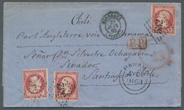 Frankreich: 1860, Napoleon II, 80 C Rosa Drei Vollrandige Werte (1 Marke Links Tangiert) Auf Brief ( - Gebraucht
