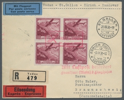 Liechtenstein: 1930, 1 Fr. Rötlichkarmin Im 4er Block Auf R-Eilboten-Luftpostbrief Von Vaduz, Roter - Usati
