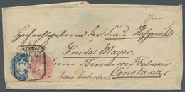 Österreich: 1863, "5 Kr. Wappen" Treppenartig Auf "10 Kr. Blau - Ganzsachenausschnitt" Als Portorich - Briefe U. Dokumente