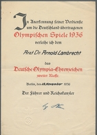 Autographen: HITLER, Adolf 1936, Originalunterschrift Auf Verleihungsurkunde Für Das "Deutsche-Olymp - Otros & Sin Clasificación