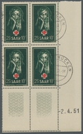 Saarland (1947/56): 1951, "Rotes Kreuz Mit Druckdatum", Eckrandviererblock Mit Zusätzlich Zweimal Du - Covers & Documents