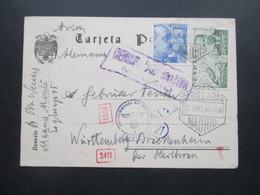 Spanien 1942 Luftpost Karte Madrid - Brackenheim Mehrfachzensur Censura Gubernativa Und OKW D Geprüft Und Weitere Zensur - Covers & Documents